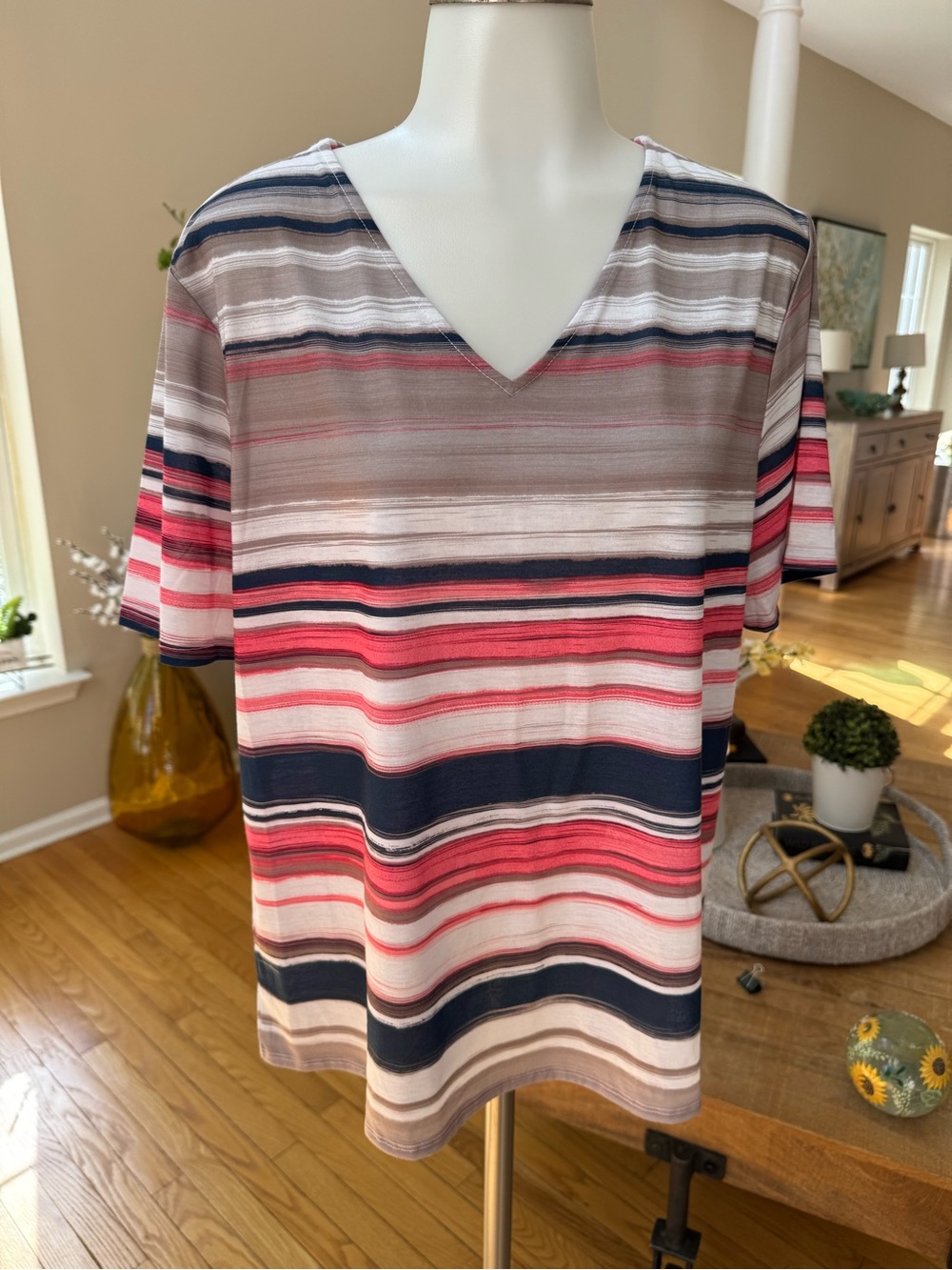 Chico's Striped V-Neck Tee in Navy, Pink & Cream